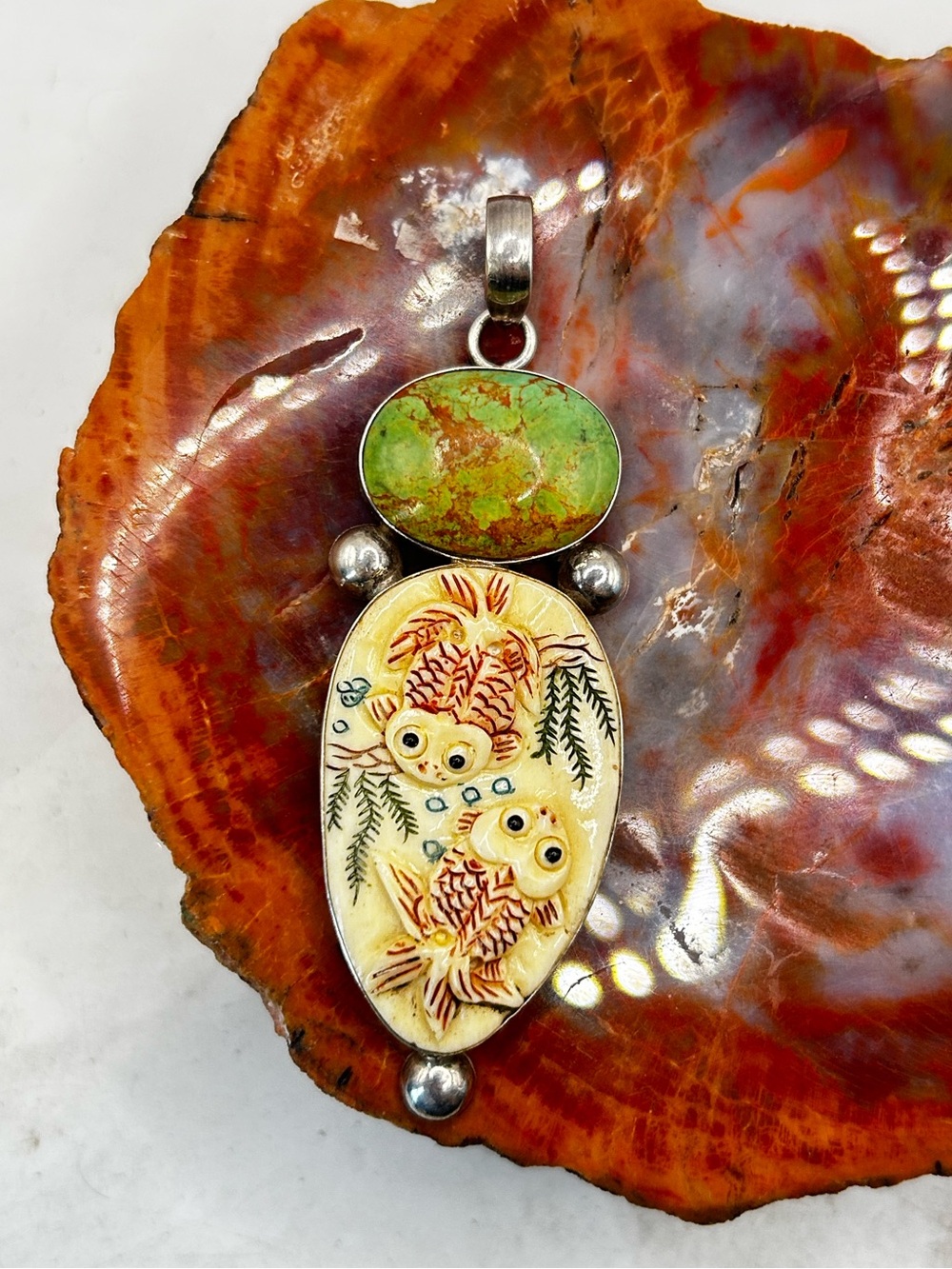 Sterling Silver Pendant with Carved Fish Design with Turquoise Gemstone